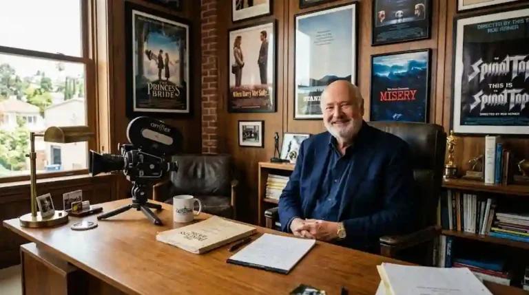 Veteran film director Rob Reiner sitting behind a wooden desk in a wood-paneled office surrounded by classic movie posters and a vintage camera.