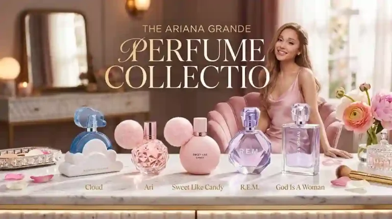 Ariana Grande sitting behind her fragrance lineup including Cloud, Sweet Like Candy, and God Is A Woman perfumes on a vanity table.