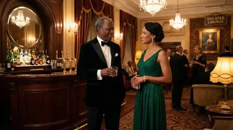 A distinguished older African American gentleman in a black tuxedo talking to an elegant woman in a green evening gown in a warm-lit, vintage theater lounge.