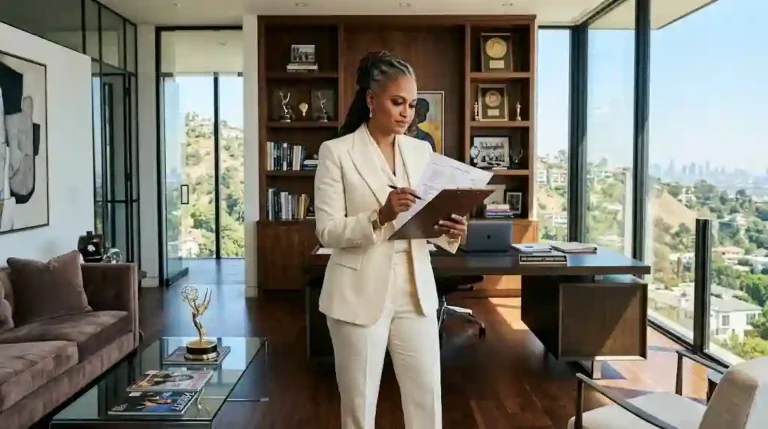 Confident African American female media mogul in her late 60s wearing a white suit, reviewing production notes in a luxury corporate executive office with California hillside views.