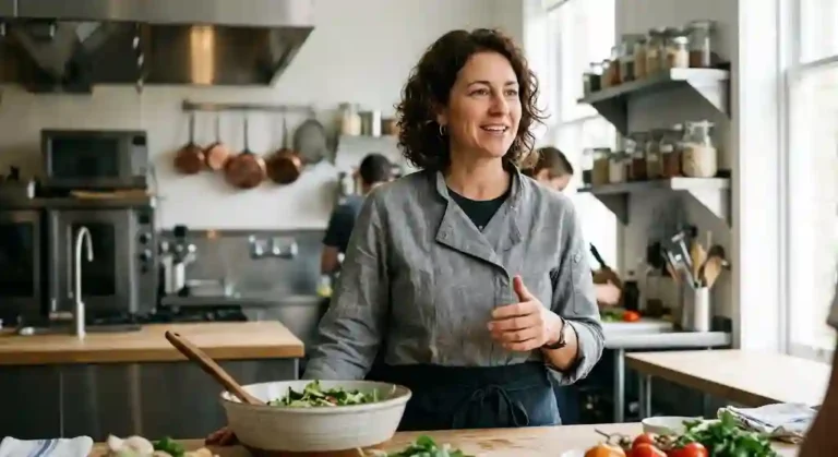 Chef Ximena Saenz preparing a fresh salad in a modern kitchen setup.
