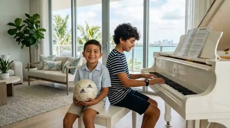 Shakira and kids relaxing together in a modern Miami living room