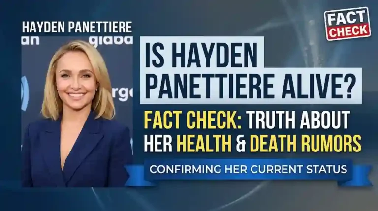 Hayden Panettiere smiling in a blue blazer next to bold text that says "IS HAYDEN PANETTIERE ALIVE?" with a "FACT CHECK" stamp, addressing death rumors.