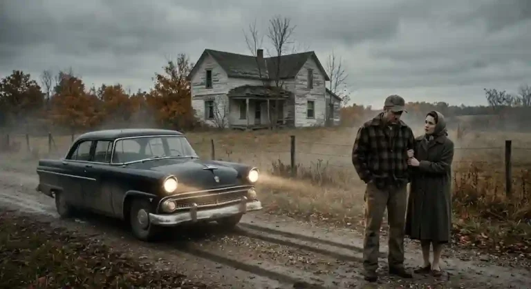 Dramatic cinematic shot of a vintage 1950s police cruiser near a weathered Wisconsin farmhouse under an overcast sky with a man and woman standing on a dirt road.
